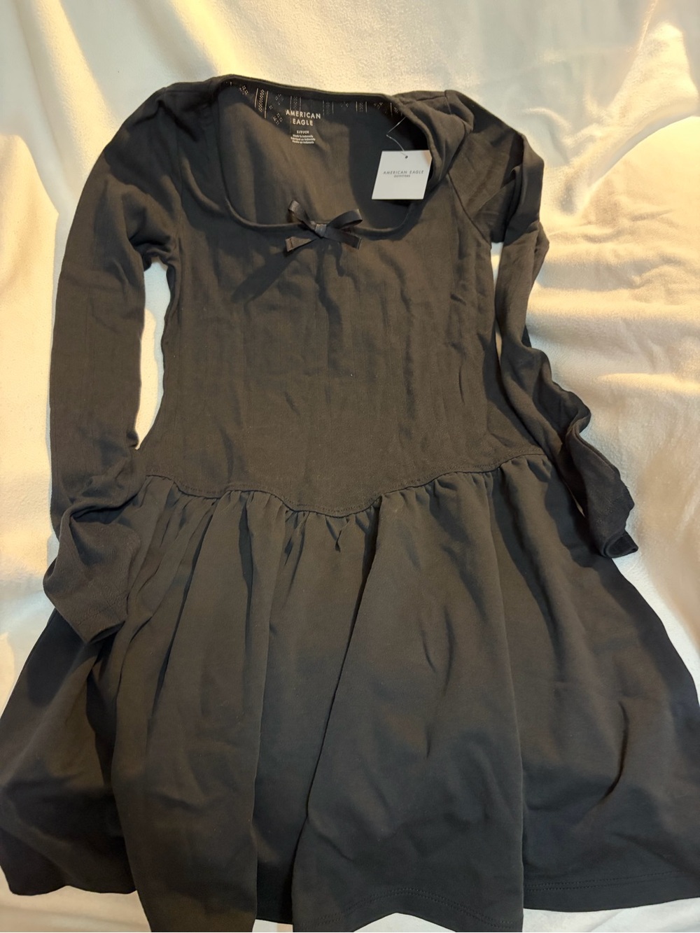 American Eagle Outfitters Black Long Sleeve Mini Dress, Bow-Accent